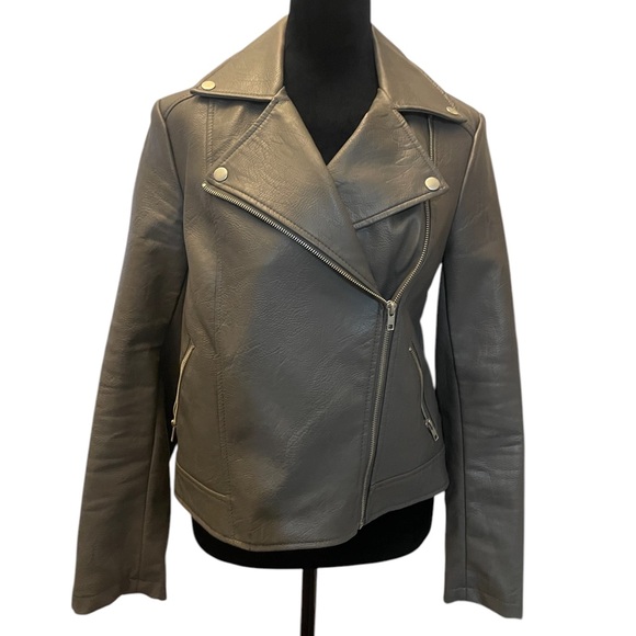 Women's Gray Motorcycle faux Leather,Biker Jacket,Large - Picture 7 of 7